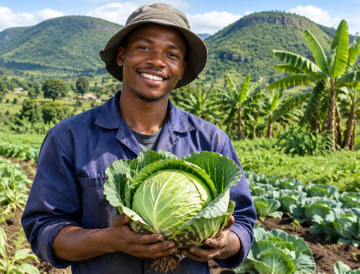 Farmer holding a freshly harvested cabbage