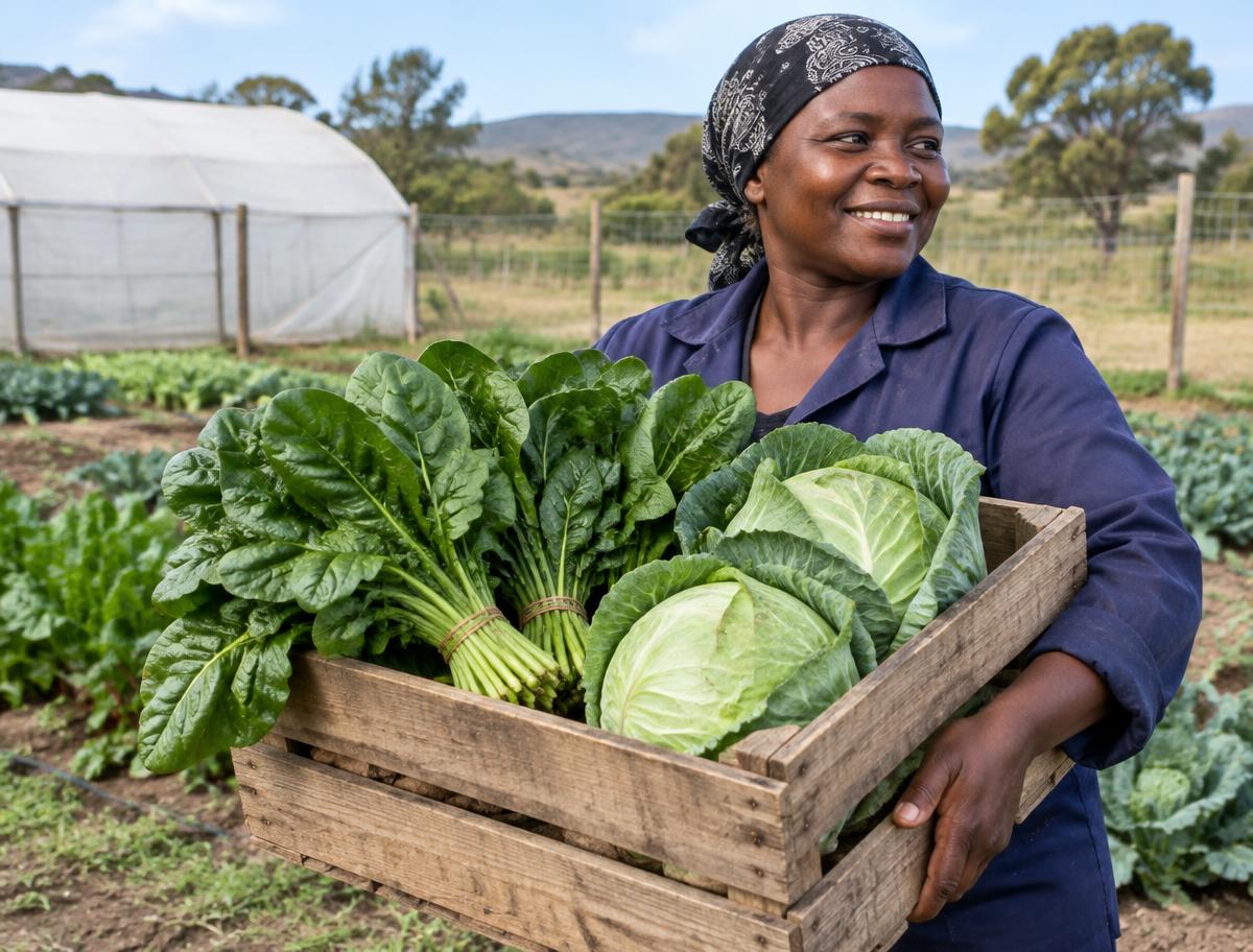 Farm worker carrying a crate of spinach and cabbage