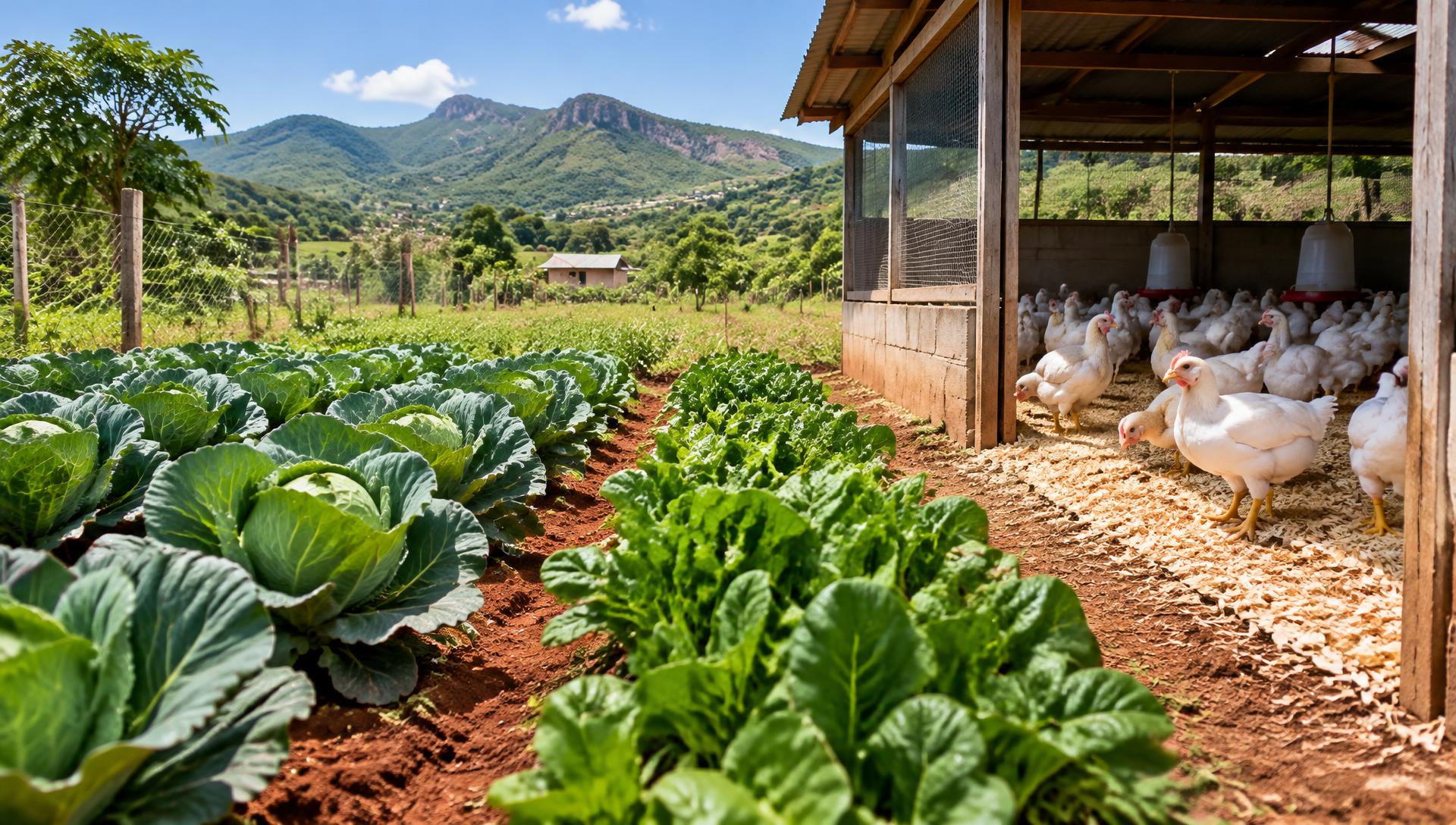 Cabbage and spinach rows beside a broiler chicken house on a Limpopo farm