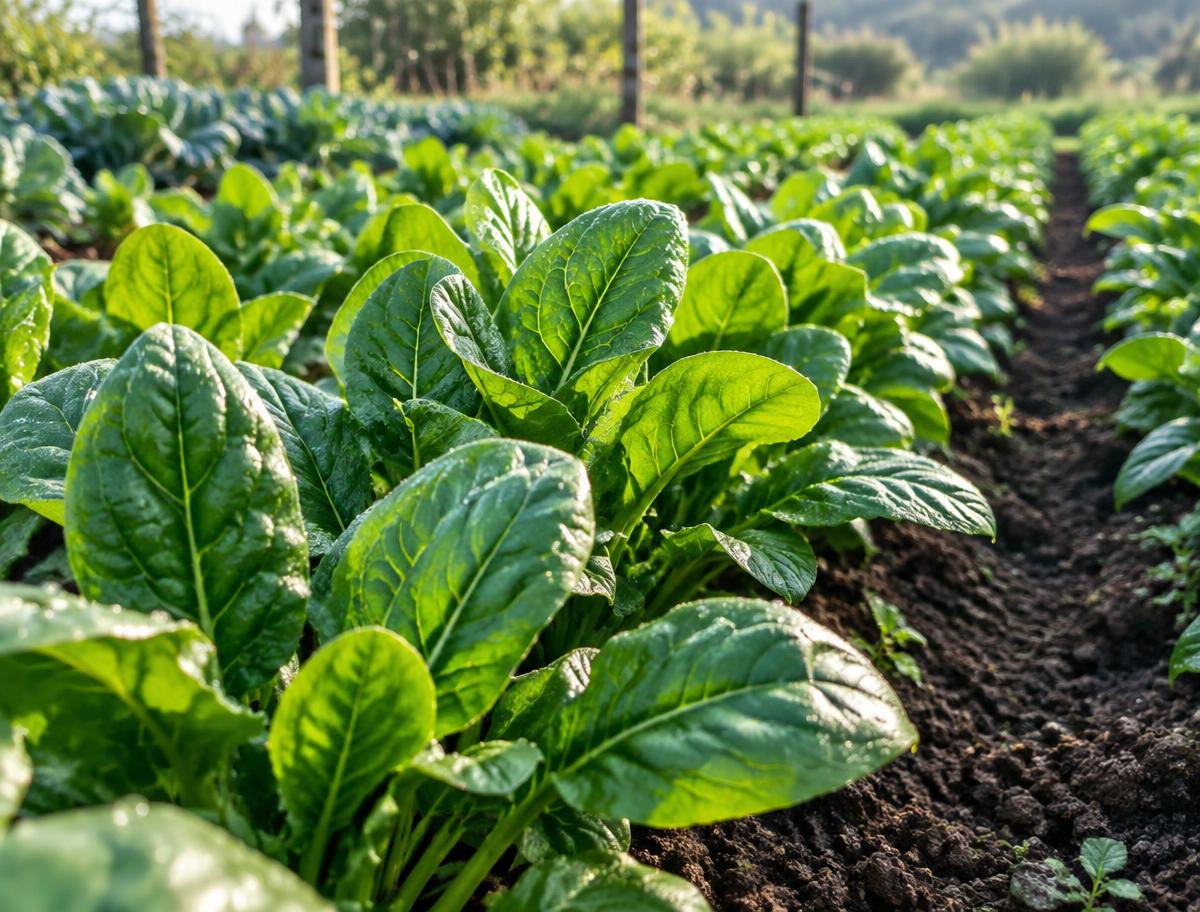Spinach growing in rows